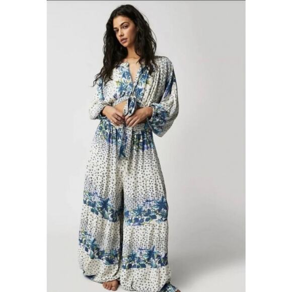 Free People Pants - 💙 Free People Paradise Jumpsuit – Blue & White – Size Large